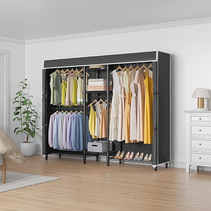 VIPEK Classic V6C Heavy Duty 5 Tiers Wire Garment Rack Large Size Wardrobe Closet Black Metal Clothing Rack with Black Oxford