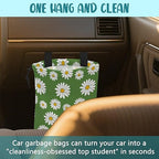 Car Trash Bag Green Daisy Flowers Spring Hanging Drawstring Car Organizer and Storage Bag with Adjustable Buckle Canvas Garbage Bin for Back Seat or Hanging Headrest Car Decor Road Trip Essentials