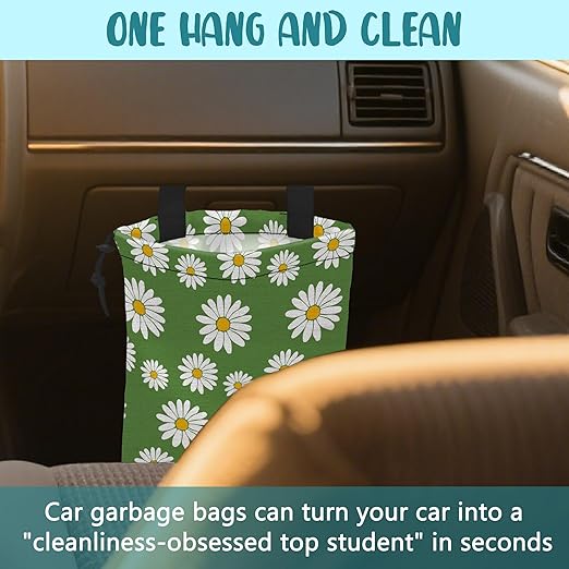 Car Trash Bag Green Daisy Flowers Spring Hanging Drawstring Car Organizer and Storage Bag with Adjustable Buckle Canvas Garbage Bin for Back Seat or Hanging Headrest Car Decor Road Trip Essentials