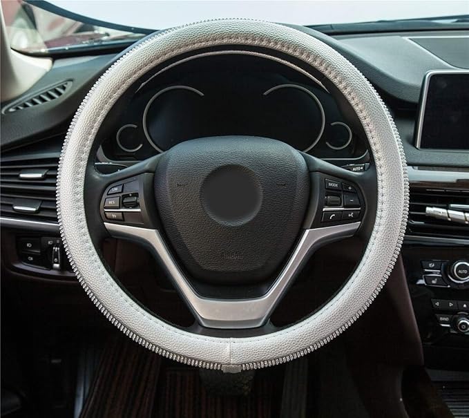 New Diamond Leather Steering Wheel Cover with Bling Bling Crystal Rhinestones, Universal Fit 15 Inch Car Wheel Protector for 