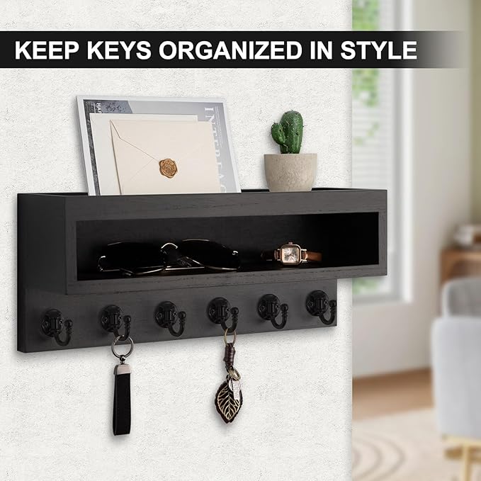 Key and Mail Holder Wall Mount, Key Hanger with Long Storage Box and 6 Hooks for Coat, Dog Leash, Home Decor Rack, House Acce