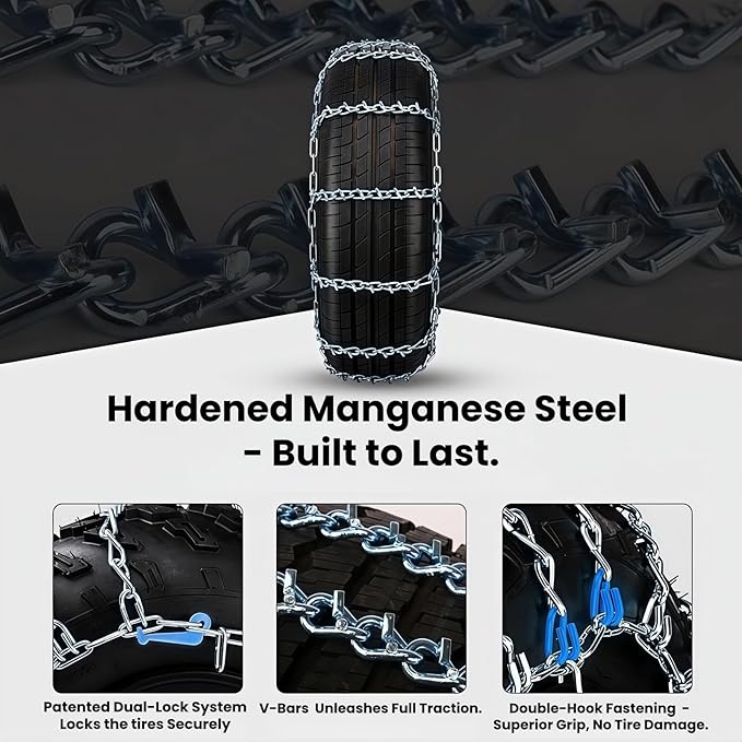Super Grip V-Bar Ice & Snow Chains 2 Pack for Cars & SUVs - 14" to 18" Tire Anti-Slip Ice & Deep Snow Traction, Easy Installa