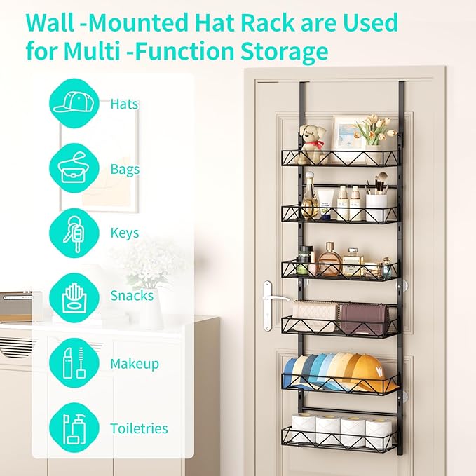 HapiRm Over the Door Hat Organizer - 6 Tier Wall Mounted Hat Rack with 6 Adjustable Metal Basket, Baseball Caps Organizer Sto