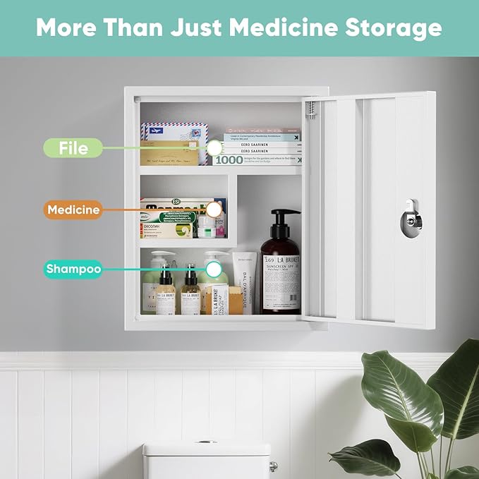 POKIPO Wall Mount Locking Medicine Cabinet, Empty Metal Medicine Storage Box with All-Metal Digit Lock, Bathroom Cabinet Orga