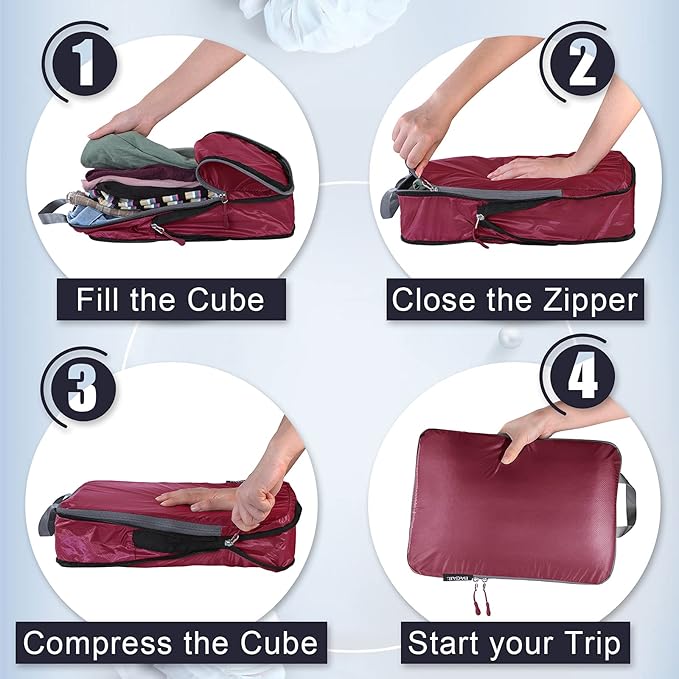 BAGAIL 5 Set Ultralight Compression Packing Cubes Travel Accessories Expandable Packing Organizers(Burgundy)