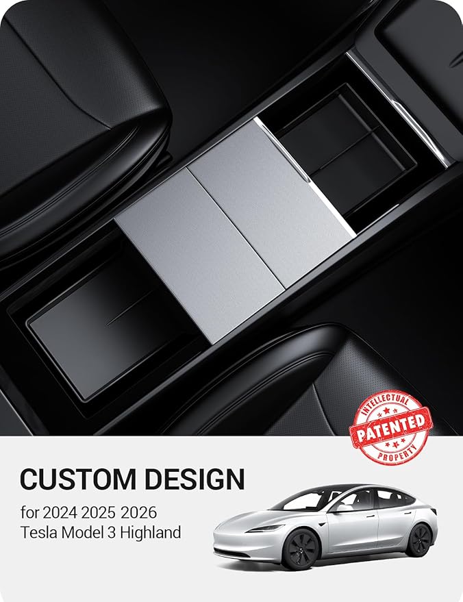 BASENOR 2026-2024 Tesla Model 3 Highland Lower Center Console Organizer Tray, (Proprietary Design) TPE Bottom Console Storage Box Pad for Model 3 Refresh Interior Accessories