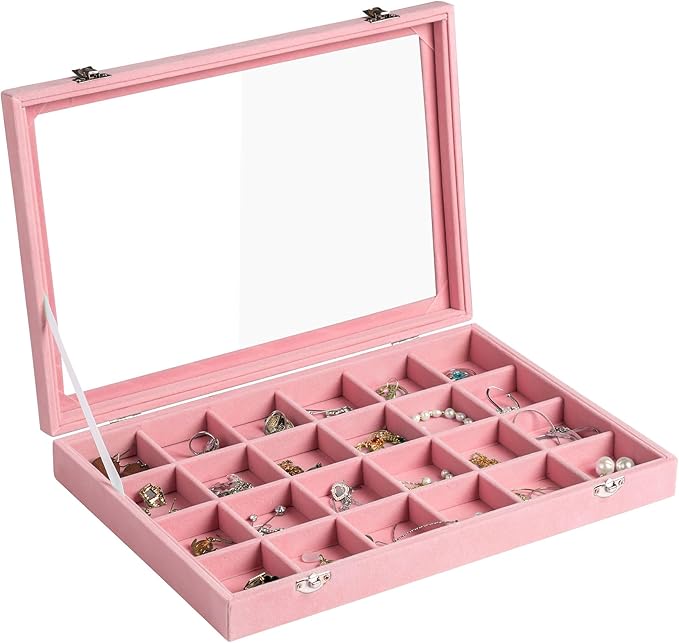Frebeauty Velvet Jewelry Tray,24 Grid Jewelry Organizer with Clear Lid,Earring Holder Organizer with Clasp,Drawer Insert Ring