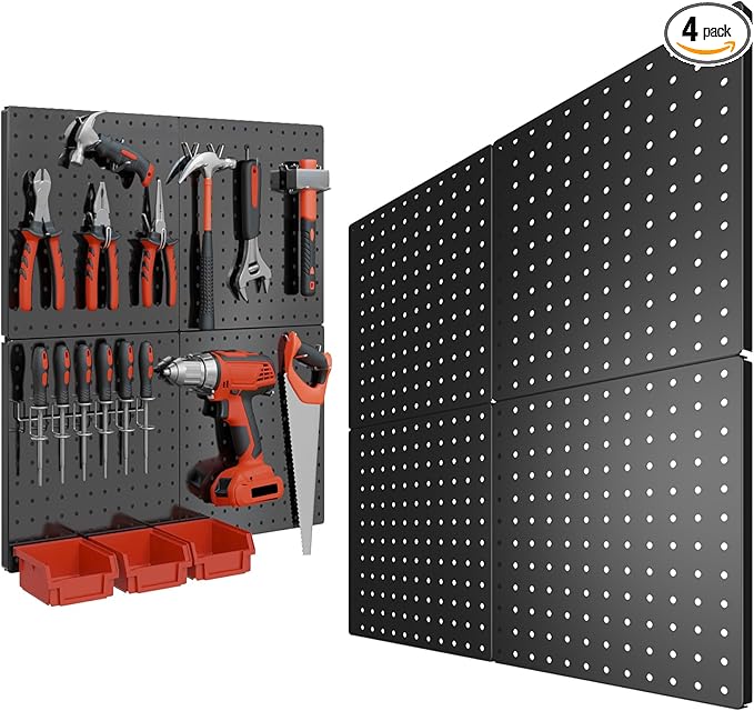 Peg Board, 4PCS Metal Pegboard, Heavy Duty Pegboard Wall Organizer with Frame. Black Pegboard for Walls, Garage, Workbench, C