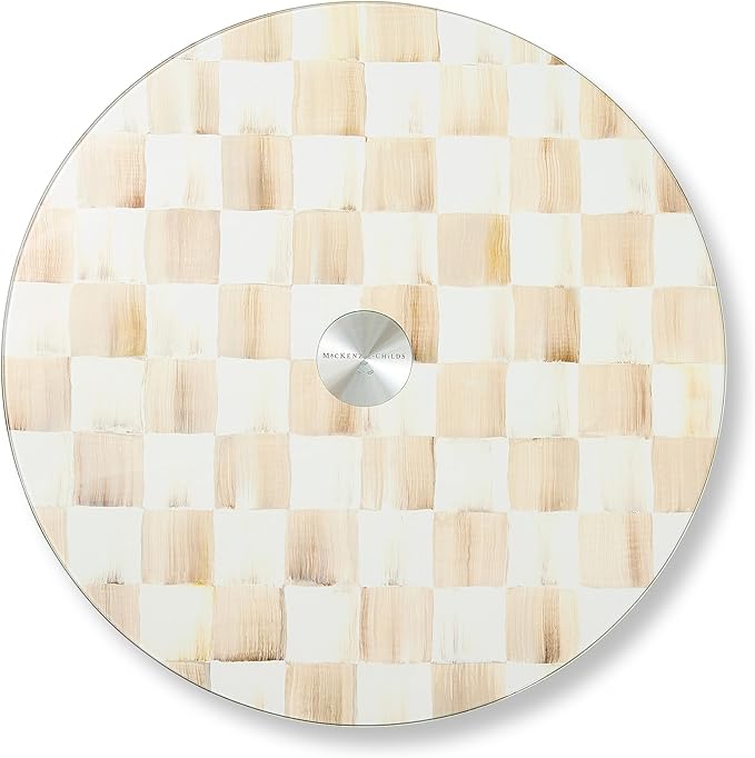 MACKENZIE-CHILDS Glass Lazy Susan, Round Rotating Serving Board, Brown-and-White Mocha Check