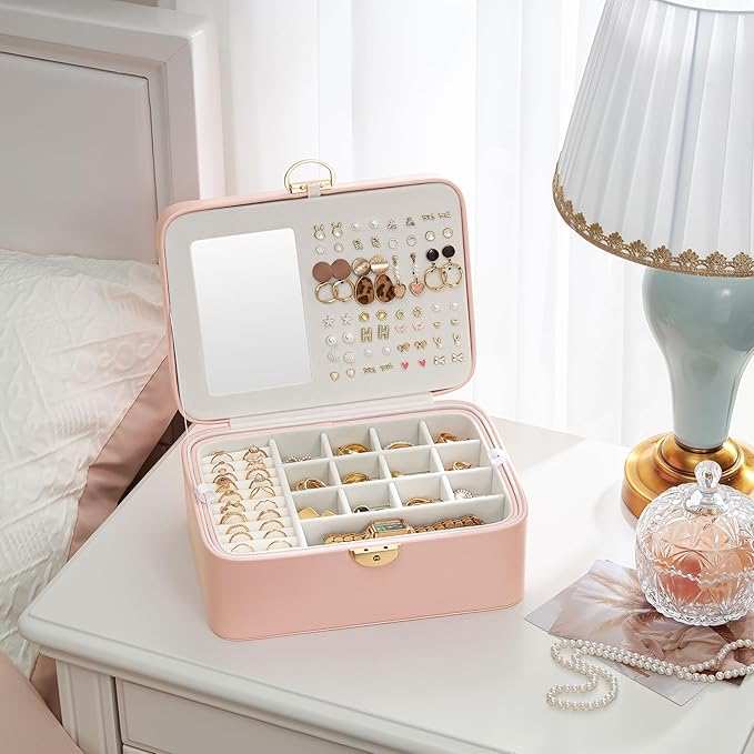 Lolalet 2 Layer Jewelry Box with Lock and Key for Teen Girls & Young Women, Jewelry Organizer Case with Round Clasp and Mirro
