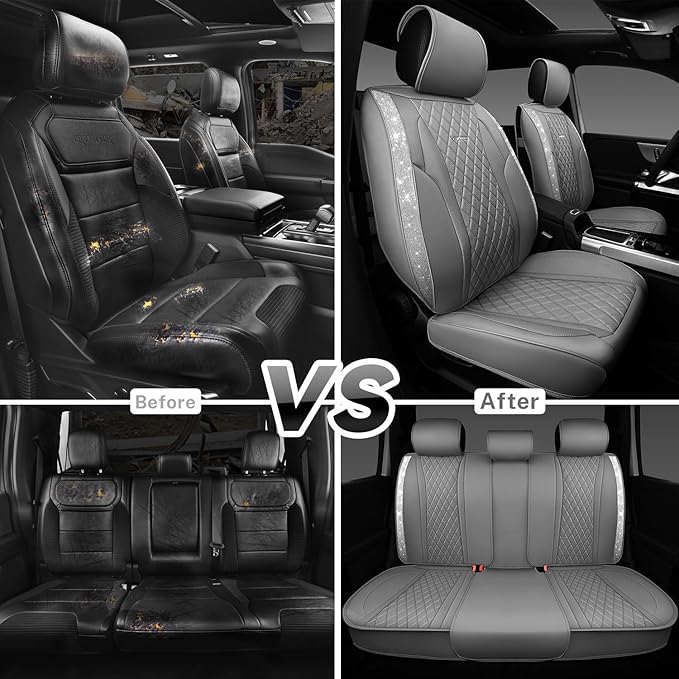 CAR PASS Gray Leather Bling Car Seat Covers Full Set, Luxury Microfiber Nappa PU Cushioned, Waterproof Anti-Slip Universal Fi