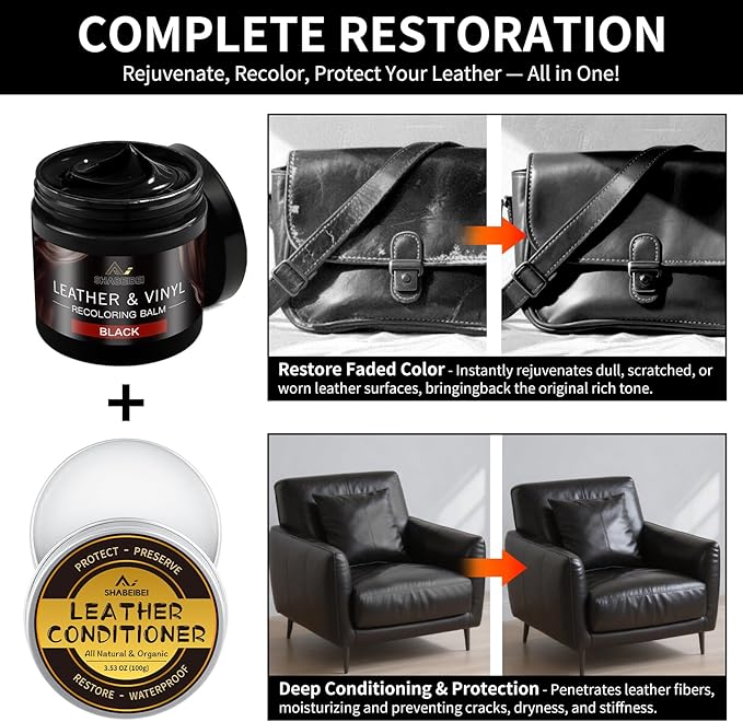 Leather Recoloring Balm with 100ml Mink Oil, Black Leather Repair Kit and Scratch Remover for Furniture, Car Seats, Sofas, Dy