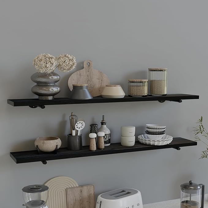 Industrial Pipe Wall Wood Shelves,Real Wooden Shelves 48" in Black Planks Color with 1.2" Extra Thickness, Modern Floating Sh