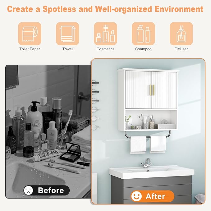 Bathroom Wall Cabinet with Towel Bar, 2 Doors & Adjustable Shelves - Space Saving Wood Wall Mounted Medicine Cabinet Storage 
