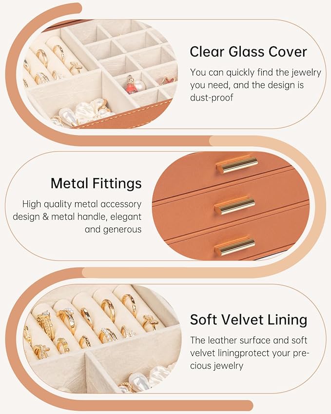 AKOZLIN Jewelry Box with Clear Lid Functional Leather Jewelry Storage Organizer Case 3 Drawers for Women Girls Necklace Ring 