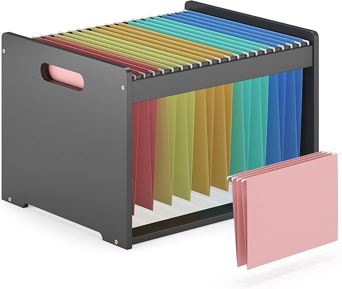 Hanging File Organizer Box for Letter Size, Bamboo File Folder Organizer, Storage Moving Boxes with Handle Wood Desk Filing B