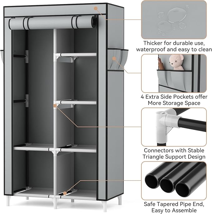 ROJASOP Portable Closet Wardrobe Closet for Hanging Clothes with 6 Storage Shelves, 1 Hanging Rod and 4 Pockets, Clothes Orga