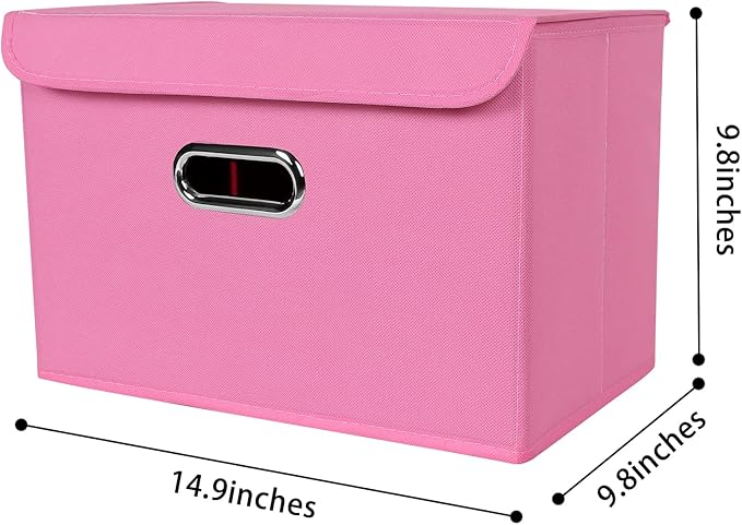 Linen Fabric Foldable Collapsible Storage Cube Bin Organizer Basket Fabric Storage Bins with Lid, Leather Handles, Removable 