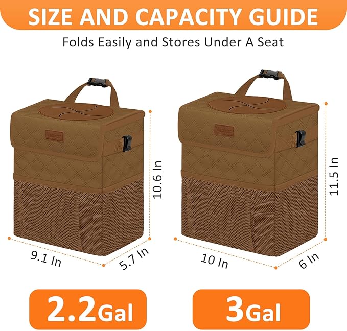 Car Trash Can for Cute, Bag Bin Hanging Waterproof Automotive Car Garbage Cans Leak Proof Vehicle Trash Can Diamond Pattern-Brown