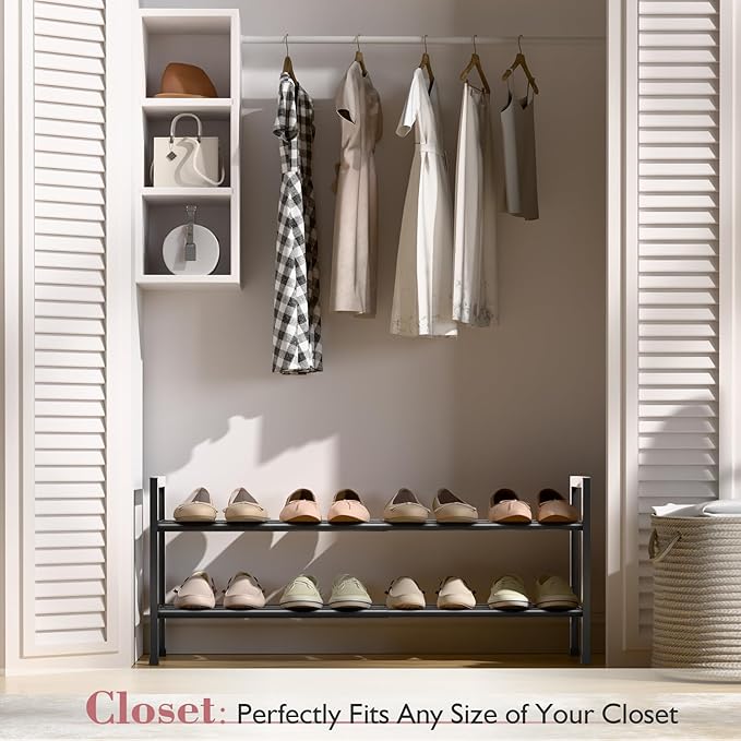 Bumusty 2 Tier Expandable Shoe Rack for Closet, 18“-33” Adjustable Shoe Rack for Small Space, Small Shoe Organizer for Front 
