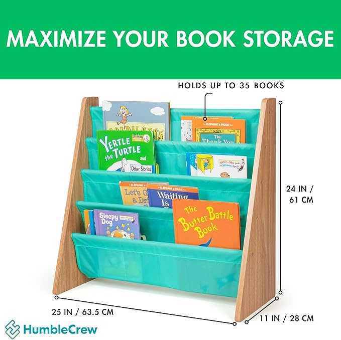 Humble Crew 4-Tier Kids Bookshelf, Natural Wood/Seafoam Green - Premium Book Shelf for Kids Rooms with Four Deep Pockets - To