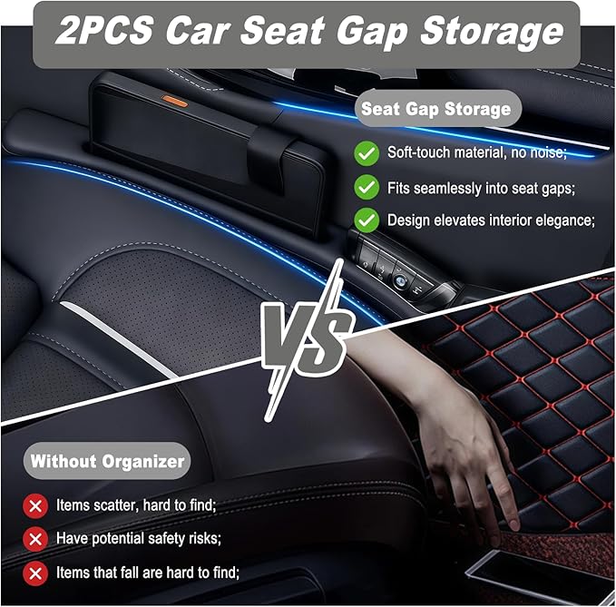Car Seat Gap Filler, 2 PCS Car Seat Gap Filler Organizer with Storage Slot, Anti-Drop Side Console Storage Pocket, Universal for Auto SUV Truck Interior Accessories, Black