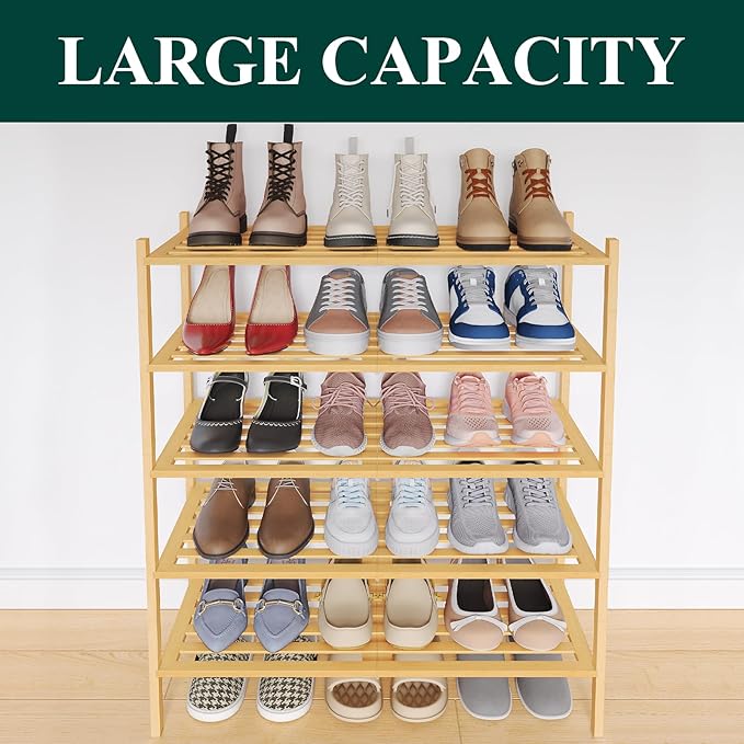 Smiry Bamboo Shoe Rack 5-Tier, Stackable Wooden Shoe Organizer for Entryway & Closet, Free Standing Wood Shoe Storage Shelf f