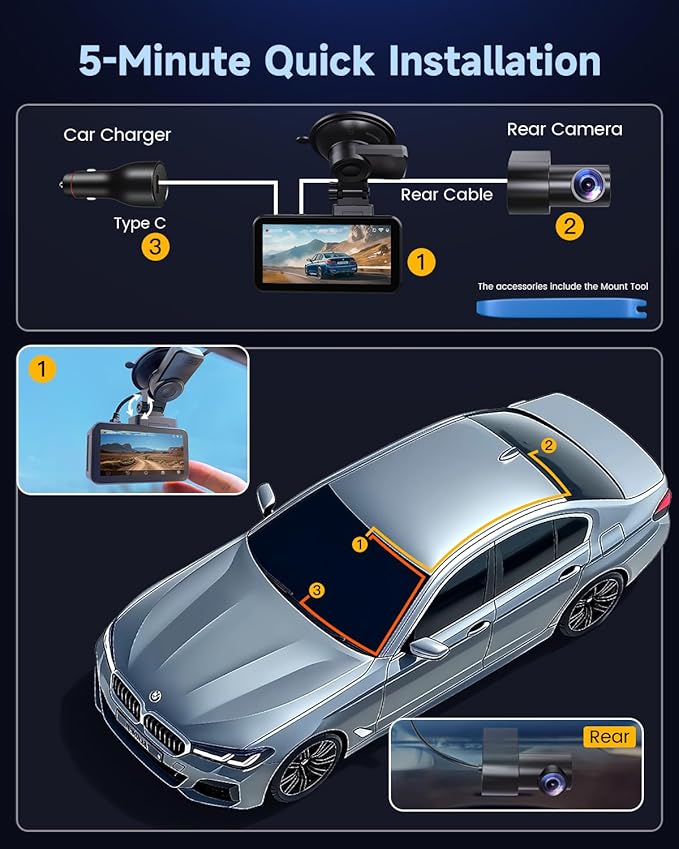 COOLCRAZY Dash Cam Front Rear - 4K+1080P Full HD Dashcam Free 64GB Card, with 5G WiFi GPS, Dual Dash Camera for Cars with 3" 