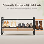 ELYKEN Shoe Rack, 2-Tier Expandable Shoe Organizer for Entryway, Metal Black Shoe Shelf with 4 Hooks, Ajustable Shoe Stand Ho