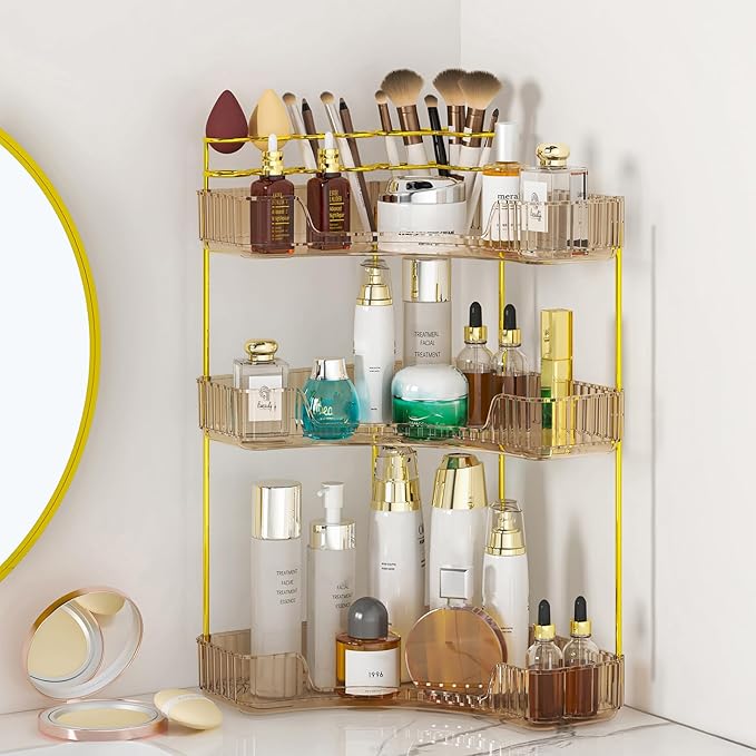 SUNZOS Corner Bathroom Counter Organizer, 3-Tier Countertop Perfume Tray Organizer with Makeup Brush Holder, Vanity Makeup Co