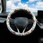 Embroidered Red Flower and Cute Daisy Steering Wheel Cover Auto Anti-Slip Breathable Rubber Steering Wheel Protector,Floral Car Accessories for Women,Universal Size Fit Most Cars -15 inch