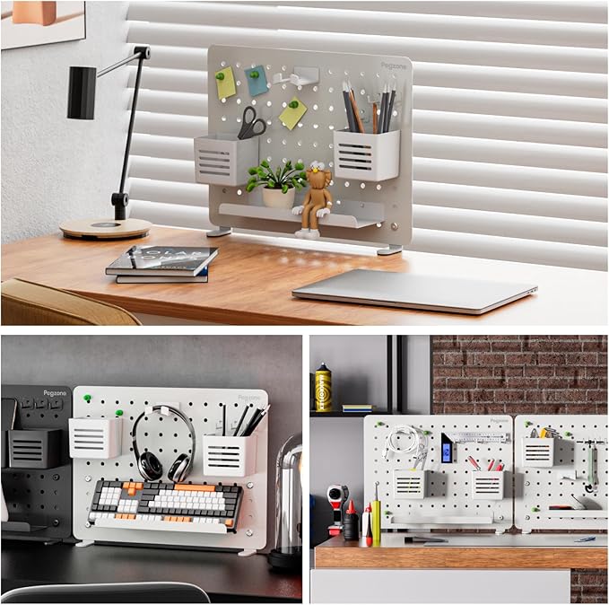 PEGZONE Clamp-on Desk Pegboard, Desk Organizer for Office Gaming Home, Magnetic Metal Peg Board with 10 Accessories, Privacy 