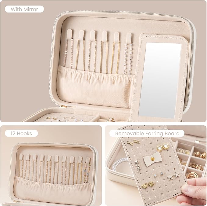 Lolalet Travel Jewelry Case for Women Girls, Travel Jewelry Organizer Box with Mirror & Clear Storage Bag, Small Portable Ear