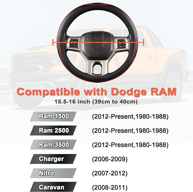 West Llama Customized Auto Car Steering Wheel Cover for Dodge RAM 1500 2500 3500, 15.5-16 inch (Black+Red Line-Large Size)
