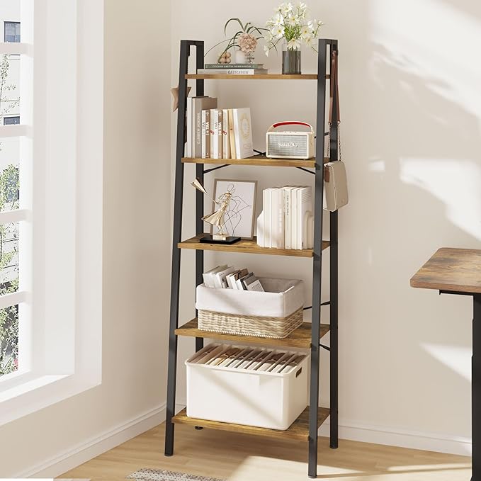 Hzuaneri Ladder Shelf, Bookshelf Bookcase, Freestanding Corner Storage Shelve with 2 Hooks for Home Office, Living Room, Kitc