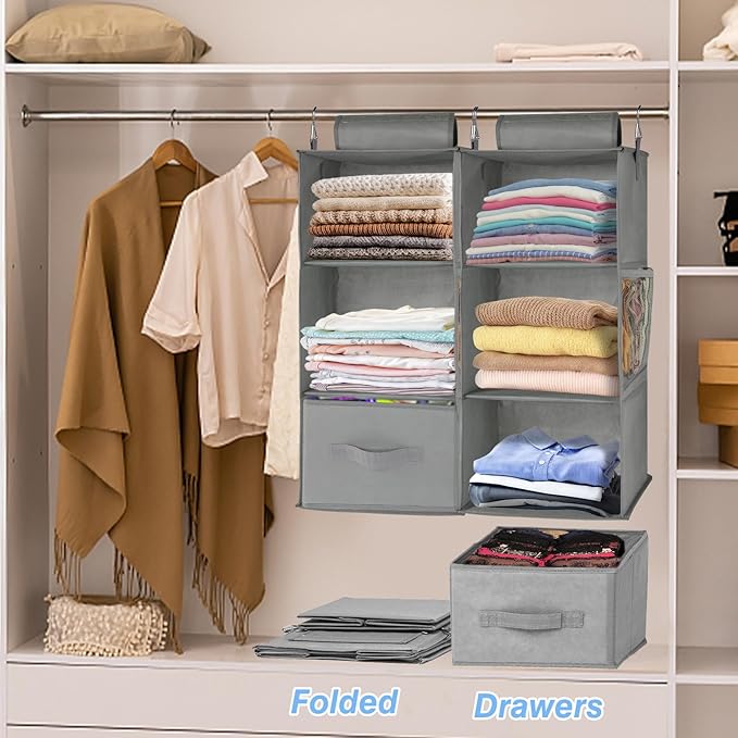 punemi 3-Shelf Hanging Closet Organizer, 2 Pack Closet Hanging Organizer with Drawers, Foldable Hanging Closet Shelves for Rv