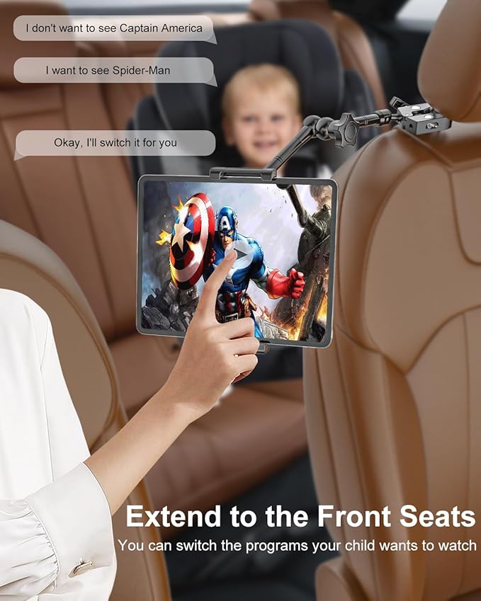 Car Headrest Tablet Holder - Metal Magic Arm, Car ipad Holder Backseat Kids with Universal Metal Clamp, Tablet Headrest Mount for iPad Pro 12.9 Air, Galaxy Tab, iPhone16, 5.5-15.6" Devices