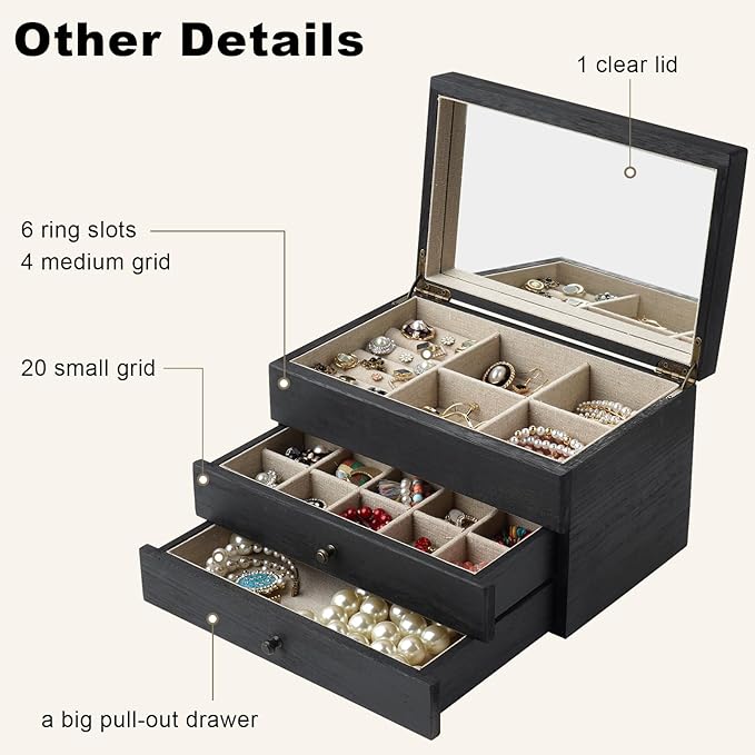 Meangood Jewelry Box Organizer for Women, 3 Layer Large Jewelry Storage Case, Rustic Wooden Jewelry Box with Mirror & Ring Tr