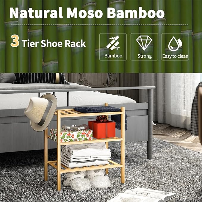 3-Tier Small Shoe Rack for Entryway, Stackable | Heavy Duty | Multi-Function, Bamboo Free Standing Shoe Racks for Bedroom Hal