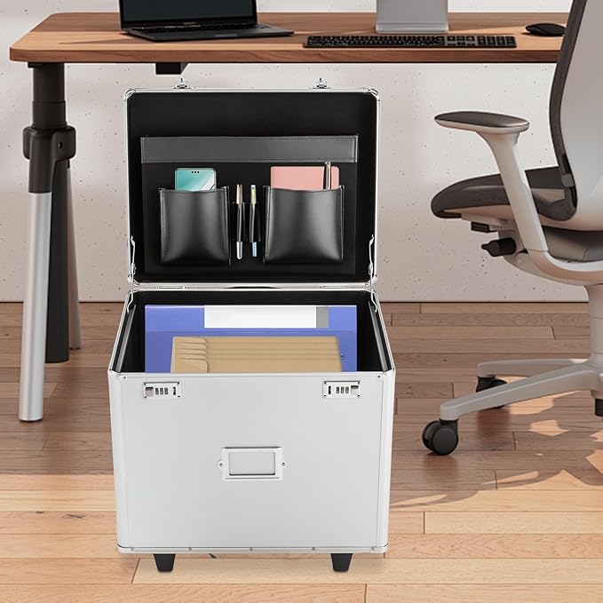 Locking File Box Aluminum Alloy Portable Storage Case with Telescopic Handle Mobile File Organizer with Combination Lock Roll