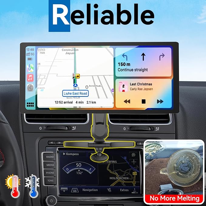 CD Slot Car Mount for Portable CarPlay Screens with Extension Arm, Adjustable Angles, Low Profile, Integrated Mounting Solution for in-Car Android Display Monitors (4-Tab Bracket Mount)