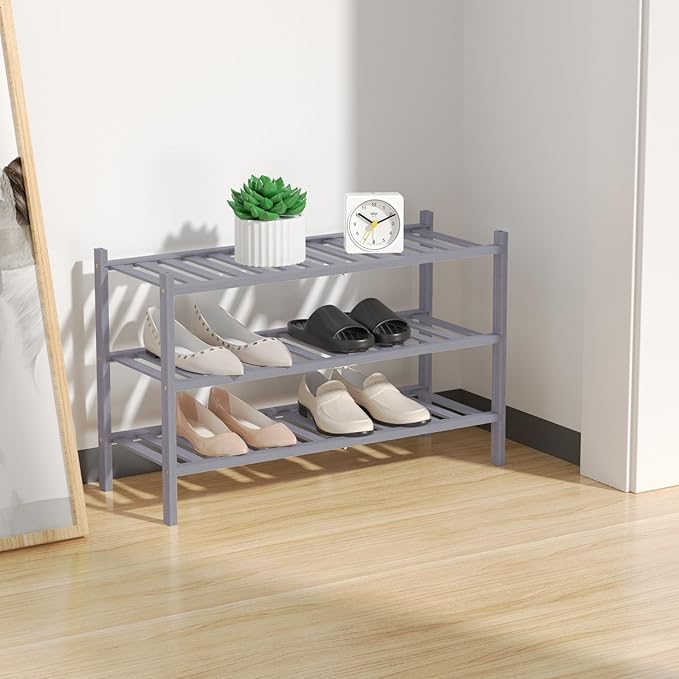 RONGJlA 2 Tier Bamboo Shoe Rack for Closet Free Standing Wood Shoe Shelf Storage Organizer for Entryway Small Space Stackable