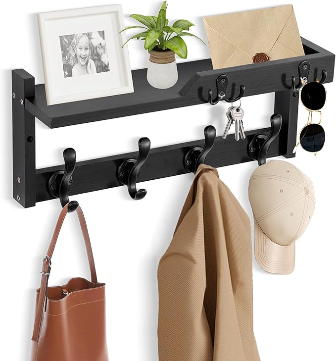 dreampossible Coat Rack Wall Mount with Shelf, Coat Hanger Wall Mount with Key Hooks and Mail Holder, Wood Entryway Floating 