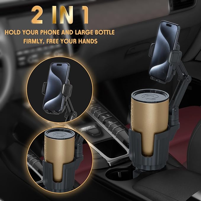 Phone Holders for Your Car, 2 in 1 Universal Cup Holder Expander Adjustable Base with Phone Mount, Long Arm with 360°Rotation