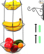 3 Tier Hanging Fruit Basket with Banana Hook, 34-Inch Heavy-Duty Wire Hanging Basket, Wire Vegetable Produce Organizer with I