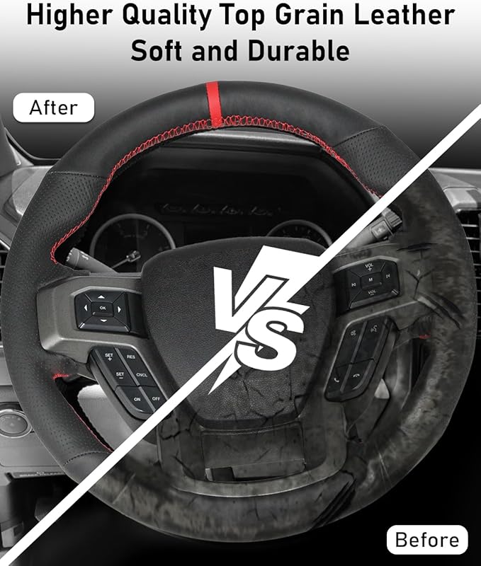 Belinous Leather Steering Wheel Cover Lace Up, Hand-Stitch on Wrap, Steering Wrap Compatible with Ford F-150 F250 King Ranch/Lariat/XL/XLT/Limited/Platinum/Police Responder 2015-2020 (Red)