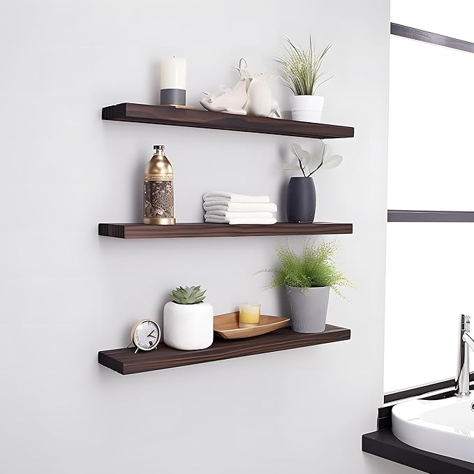 PHPH 24 Inch Wood Floating Shelves for Wall, Wooden Wall Shelves for Bedroom, Set of 4 Brown