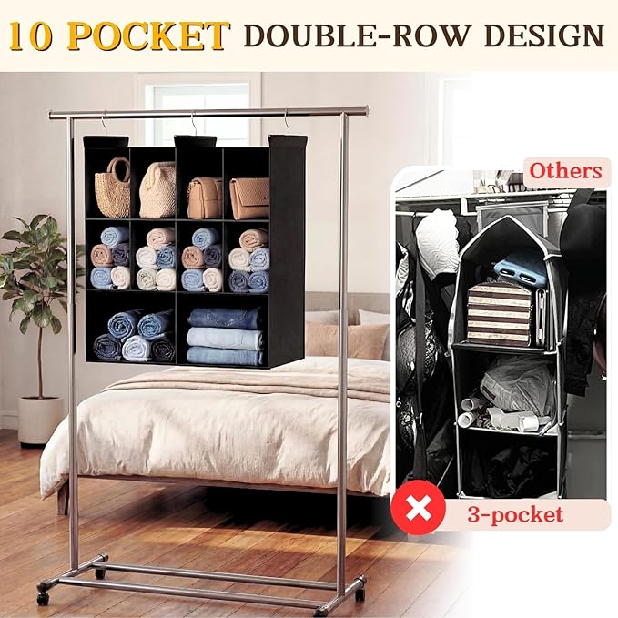 Ofiray-home 3 Tier Hanging Closet Organizer, 10 Compartments Sweater Organizer for Closet with 3 Sturdy Hooks, Closet Organiz