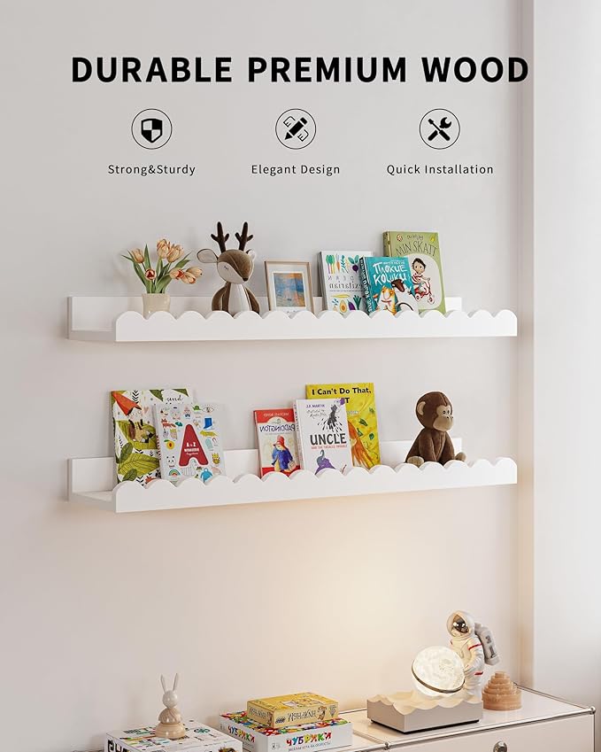 Shario Nursery Book Shelves, 4-Pack White Floating Shelves for Wall Kids, Scalloped Shelves, Wall Book Shelves for Bedroom Ki