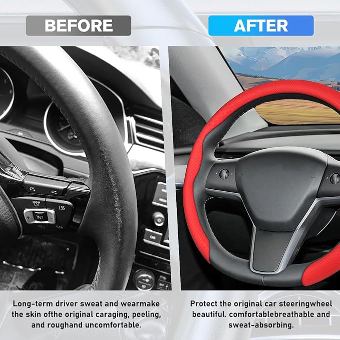 Car Nappa Leather Steering Wheel Cover, 15" Fashionable 5D Anti-Slip Vehicle Steering Wheel Protector, Breathable Auto Interi